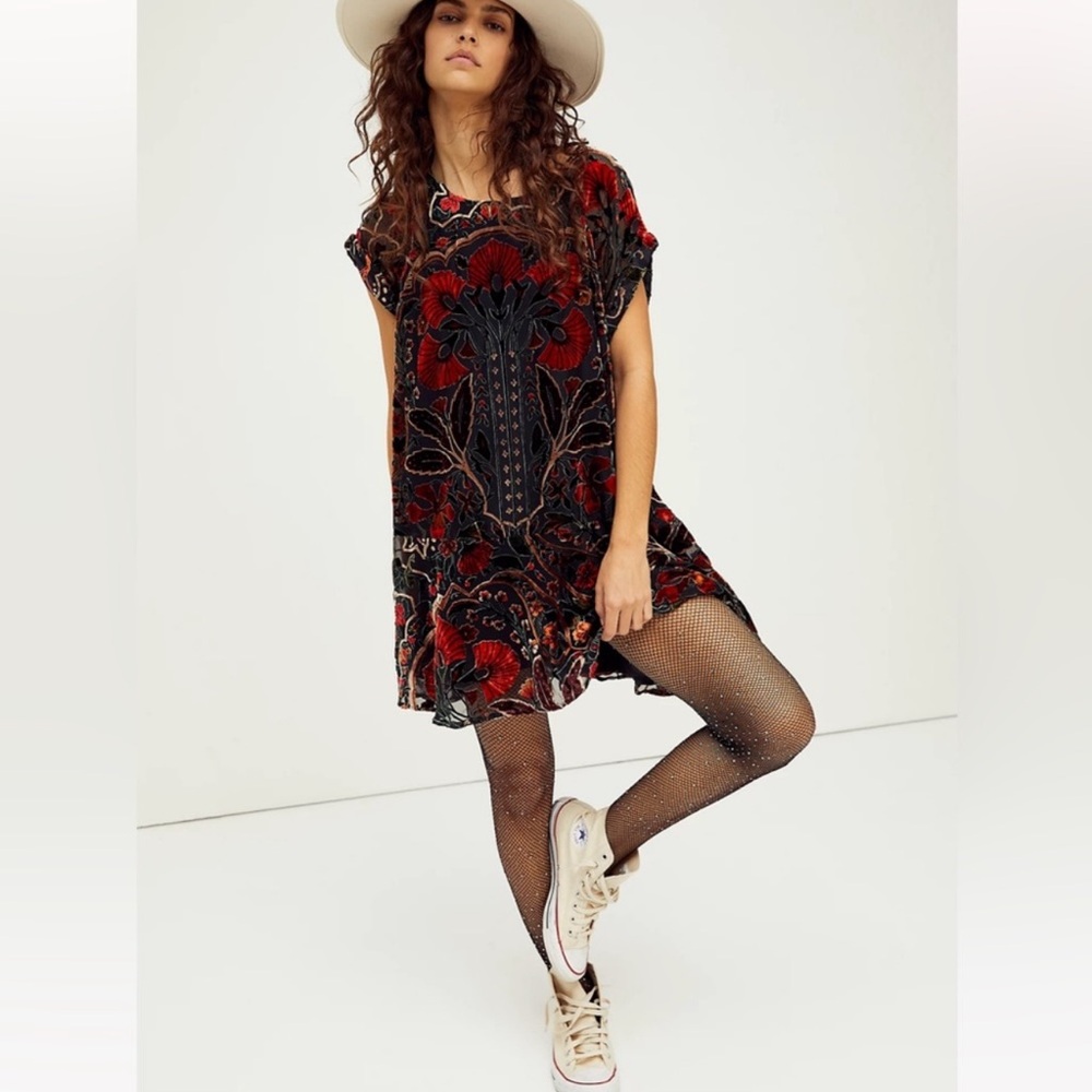 Free People Black and Red Asymmetrical Velvet Mini Dress